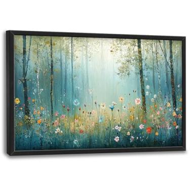 Imagem de Arte de parede de árvore de floresta grande para sala de estar, decoração de parede de flores silvestres grandes emolduradas, pintura em tela de paisagem nebulosa, arte moderna, decoração de casa para