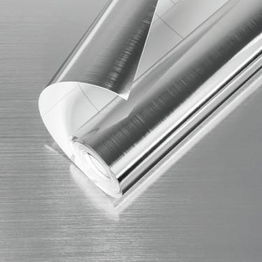 Imagem de HorryHaus Papel de contato de aço inoxidável descasque e cole papel de parede prateado metálico para geladeira, bancada, papel de parede à prova d'água para cozinha Backsplash armários de lava-louças