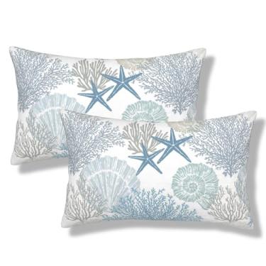 Imagem de NOCTILYRA Capas de almofada náutica costeira lombar 30 x 50 conjunto de 2 fronhas de pelúcia curtas oceano de verão concha coral estrela do mar retangular fronhas decorativas para sofá-cama sofá