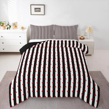 Imagem de Feelyou Conjunto de cama listrado macio para meninos e meninas, lindo conjunto de edredom com estampa de coração vermelho, tamanho Queen, geométrico, microfibra para decoração de quarto, 3 peças com 2
