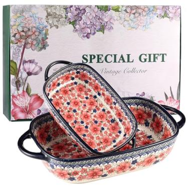 Imagem de Conjunto de 2 assadeiras de cerâmica – Caçarola decorativa estilo cerâmica polonesa com alças, lindo conjunto de utensílios de assadeira de lasanha seguro para forno (névoa de flores)