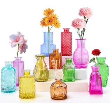 Imagem de PIEMEET Pacote com 12 vasos de vidro, vaso de botão colorido, pequeno vaso vintage colorido para flores, pequenos vasos de flores de vidro a granel para centros de mesa, decoração de festa