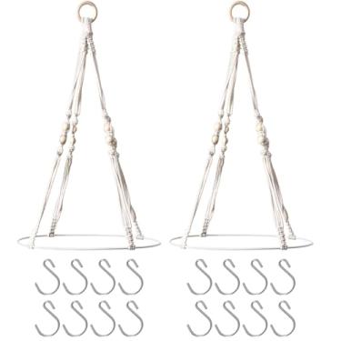 Imagem de Pacote com 2 cabides de secagem de ervas de macramê com 16 ganchos, corda de algodão e anel de madeira para pendurar flores secas, especiarias e ervas de cozinha