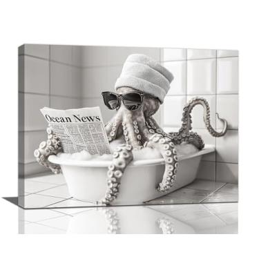 Imagem de Olivine Arte de parede de polvo, decoração de parede com imagens engraçadas de animais, pintura em preto e branco, impressões em tela de banheira de polvo, arte emoldurada para banheiro, quarto, sala