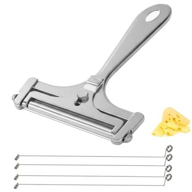 Imagem de 1 cortador de queijo, cortador de queijo de aço inoxidável com 4 peças de fios extras, cortador de bloco de manteiga portátil ajustável para mozzarella Gruyere ferramentas de fatiar cozinha cheddar