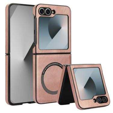 Imagem de XKchatpt Capa magnética para Samsung Galaxy Z Flip 6 suporta carregamento sem fio, capa rígida fina à prova de choque de couro PU para Samsung Galaxy Z Flip 6 (ouro rosa)
