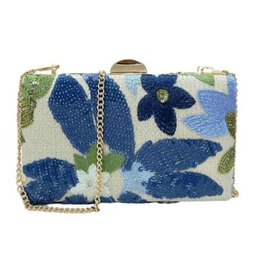 Imagem de Bolsa feminina bordada floral com lantejoulas brilhantes e elegantes para viagem na praia com corrente, Azul, Medium