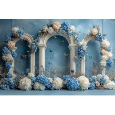 Imagem de YongFoto Arco floral europeu 2,1 x 1,5 m hortênsia flor borboleta parede azul romântico retrô fotografia fundo aniversário chá de panela festa de casamento banner retratos sessão de fotos papel de