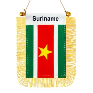 Imagem de JBSJBS Bandeira pendurada do Suriname mini bandeiras de janela de carro surinamês pequenas bandeiras de espelho retrovisor decoração bandeiras do Suriname com ventosa com franjas douradas dupla face