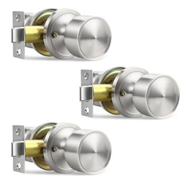 Imagem de Lepushom Maçaneta de porta de passagem sem trava interior sem chave pacote com 3 unidades, redondo, para armário, lavanderia, corredor, moderno e silencioso níquel acetinado