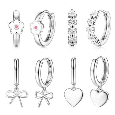 Imagem de LOYALLOOK Brincos de argola pequenos para mulheres, hipoalergênicos, brincos de argola para orelhas sensíveis, brincos de borboleta fofos coloridos CZ margarida coração arco conjunto de brincos