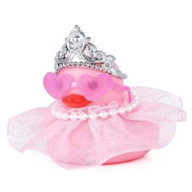 Imagem de BOZILY Patos de borracha rosa com coroa, colar de pérolas e óculos de coração - Decorações fofas de painel de carro, acessórios de pato princesa DIY para carro, escritório, casa