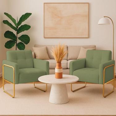 Imagem de Poltrona Sala Industrial Alta Tubo Dourado Kit 2 Elisa Bouclê D03 - D`rossi Cor Pistache