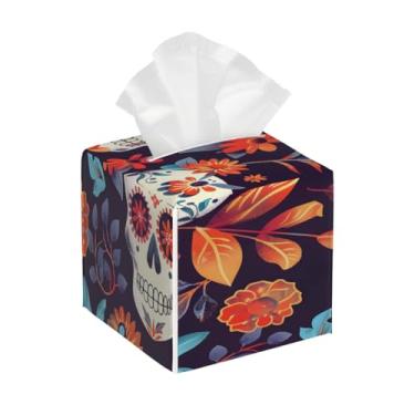 Imagem de Capa quadrada de couro para caixa de lenços à prova d'água, esqueleto, flor, organizador de papel facial retrô com cinto inferior, estojo de lenços para mesa, banheiro, escritório, mesa, carro