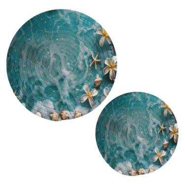 Imagem de Blueangle 2 peças de suporte de panela trivet estrela do mar e coral - conjunto de pegadores de panela de tecido redondo - almofadas quentes trançadas de algodão - porta-copos - tapetes de mesa para