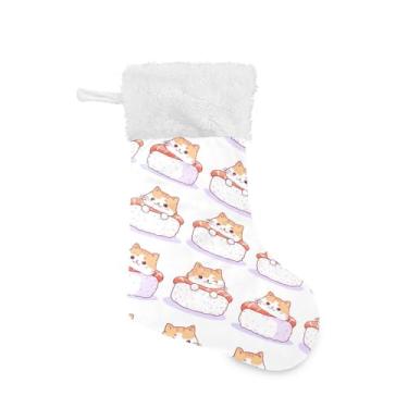 Imagem de ATTX 1 pacote de meias de Natal para gatos sushi com punho de pelúcia branco - Decoração de Natal para presentes, meia de 43 cm (78)