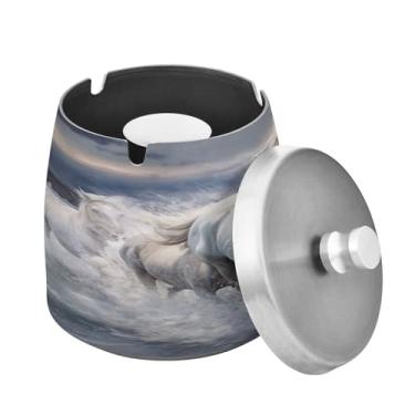 Imagem de Blueangle Cinzeiro de cavalos brancos com tampa para cigarros, à prova de vento/chuva, aço inoxidável, sem fumaça, inodoro, cinzeiro para uso interno ou externo (512)