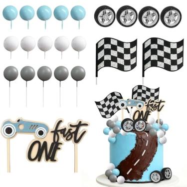 Imagem de Topo de bolo de corrida bandeira de carro de corrida decoração de bolo de aniversário para homem menino criança festa de aniversário tema de corrida festa carro de corrida suprimentos de lembrancinha
