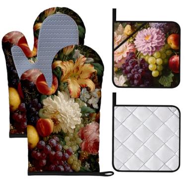 Imagem de BVBOX Conjunto de 4 luvas de forno e pegadores de panela resistentes ao calor com superfície de silicone antiderrapante para cozinha, cozinhar, grelhar (flores e frutas, conjunto com 4)