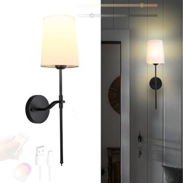 Imagem de LED Bateria Arandela USB Recarregável Luminárias de Parede com Controle Remoto Sombra de Tecido Iluminação de Parede Magnética Sem Fio para Quarto Sala de Estar Escada Corredor (Preto + Branco, 1 Peça
