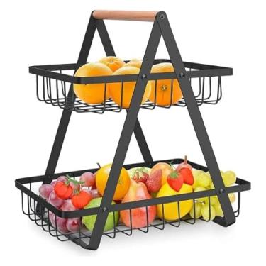 Imagem de Fruteira de Mesa 2 Andares Inox Premium e Madeira | Cesto Organizador Multiuso para Cozinha e Sala | Porta Frutas Legumes Pão e Lanches | Decoração Moderna, Metal Resistente