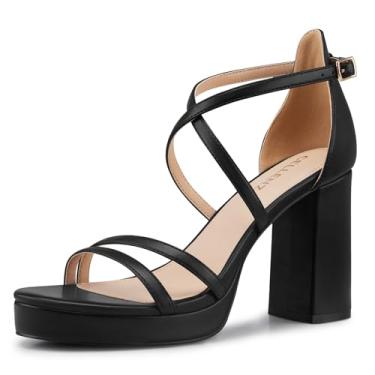 Imagem de CELLENZ Salto plataforma feminino com tiras: sandálias de salto grosso de 8,3 cm, salto alto sexy confortável, para festa de formatura, casamento, preto, branco, prata, nude, sapatos elegantes, Preto