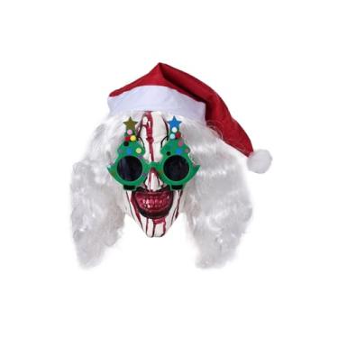 Imagem de Feeriay Máscara artística de látex de palhaço assassino arte palhaço cosplay adereços de palhaço chapéu de Natal capa de cabeça para Halloween (com óculos, tamanho único)