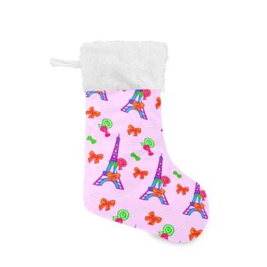 Imagem de Wassud Meia fofa de Natal com manguito branco, laços da Torre Eiffel, 45,7 cm, grande, para decoração de lareira e cornija, 1 pacote