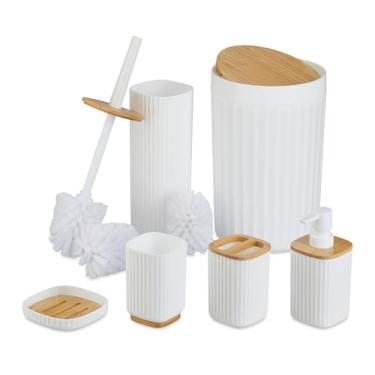 Imagem de Relaxdays Conjunto de acessórios de banheiro, 6 peças, plástico e bambu, escova de vaso sanitário e lixeira, dispensador de sabonete, suporte, branco, 65% 20% 15%