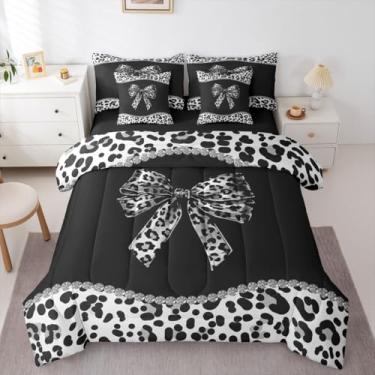 Imagem de Jogo de cama King com laço africano de guepardo, 7 peças, para meninas adolescentes | Conjunto de edredom com laço de leopardo, cinza, preto, moderno, moderno, para cama em uma bolsa, coleção de roupa