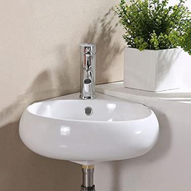 Imagem de Pia de banheiro de montagem na parede, lavatório de canto pequeno de cerâmica branca montado na parede pias de vaso de porcelana retangular para Farmh