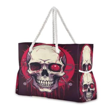 Imagem de Wassud Bolsa de praia com olhos vermelhos, caveira, grande, bolsa de praia para mulheres, impermeável, à prova de areia, bolsa de viagem com zíper e bolso para piscina, academia, acampamento