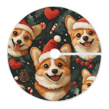Imagem de Qilmy Red Hat Saia de árvore de Natal para cães de Natal de 90 cm, camurça para árvore de Natal, adequada para decoração de armário em ambientes internos e externos, festas, escritórios, lojas