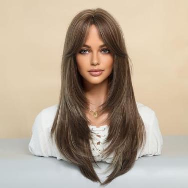 Imagem de Peruca Longa com Franja e Sem Cola Liso Natural em Camadas Perucas Sintéticas Fáceis de Usar Respiráveis Ajustáveis para