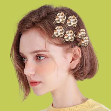 Imagem de 1 peça de grampos de cabelo de flor dourada para mulheres, grampos de cabelo pequenos com detalhes de pérola, presilhas de cabelo de jacaré de metal para pentear (estilo1, 4 cm)