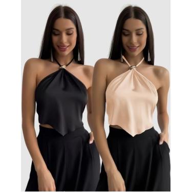 Imagem de Kit 2 Cropped Frente Única Feminino Decote Halter Alcinha Amarração Mo
