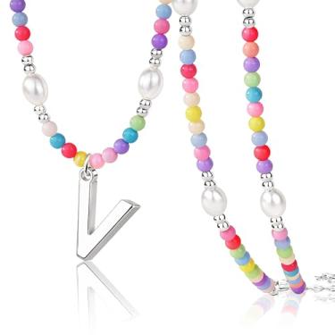 Imagem de Poxtex Lindos colares de contas com inicial para meninas, elegantes e coloridas, pérolas, letras, gargantilhas, para mulheres, adolescentes, feito à mão, banhado a ouro 14K, boêmio, joias