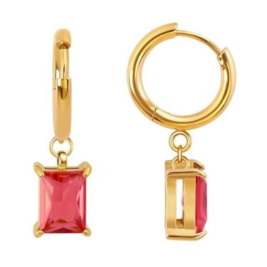 Imagem de FANSING Brincos de aniversário femininos com pingente de gota, brincos de baguete, pedra do mês de nascimento, aço cirúrgico, banhado a ouro 18 k, one size, Metal, Sem pedra preciosa