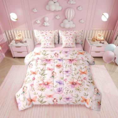 Imagem de Erosebridal Jogo de cama solteiro com estampa de fadas e flores, flores de borboleta, 7 peças, para meninas e crianças, rosa e roxo, lençol com elástico + lençol de cima
