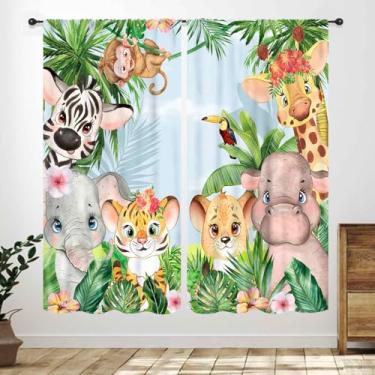Imagem de Lnepty Cortinas de animais de safári, girafa de desenho fofo, elefante macaco, floresta selva, animal tropical, cortinas de janela para crianças, quarto de bebê, sala de estar, berçário, 2 painéis