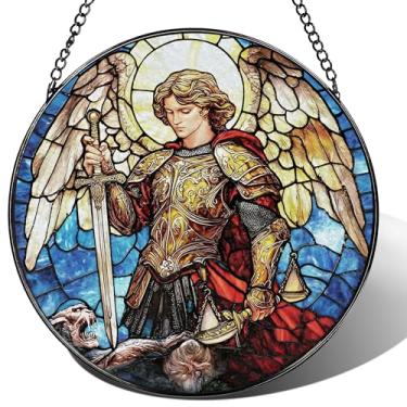 Imagem de Captador de sol de vitral, ornamento de apanhador de sol do Arcanjo Miguel; pendurado na janela de vitral, decoração de janela de anjo guerreiro, decoração de proteção espiritual, enfeite de Natal