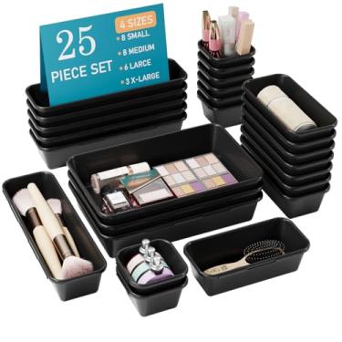 Imagem de Kutesna Conjunto organizador de gaveta preto com 25 peças, 4 compartimentos de armazenamento de plástico interligados para material de escritório, penteadeira de maquiagem de joias, banheiro, cozinha