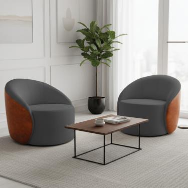 Imagem de Poltrona Sala Orgânica Kit 2 Lua Giratória Sintético PU Nozes/Bouclê Grafite D03 - D'Rossi