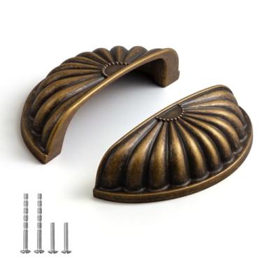 Imagem de YAGU Pacote com 6 puxadores de armário de cozinha de latão antigo girassol com orifício central de 7,6 cm meia lua vintage bronze puxador de gaveta para armário armário antigo puxadores de ferragens