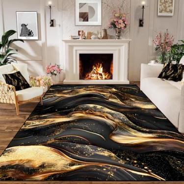 Imagem de CERYUEE Tapete de área de mármore preto dourado para quarto, sala de estar, escritório, lavável à máquina, abstrato, decoração de casa, tapete antiderrapante para mulheres e homens, 160 x 210 cm