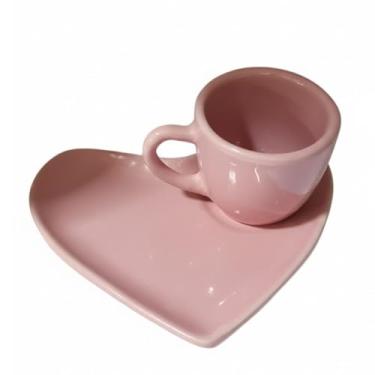Imagem de xícara de ceramica com pires em formato de coração (ROSA, 100ML)