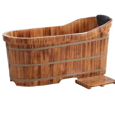 Imagem de Banheira de madeira de cedro para adultos para a saúde humana, banheira antiderrapante com sistema de drenagem corpo inteiro com gerador de vapor (cor de madeira, 160 cm)