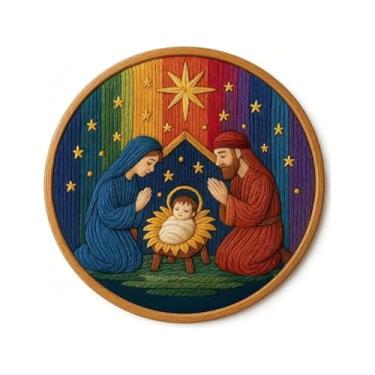 Imagem de 1 kit para adultos iniciantes, kit de bordado de presépio, kits de ponto cruz de Natal, kit de bordado DIY para adultos com padrão, fios de algodão, agulhas, instruções, aro de 15 cm, para decoração