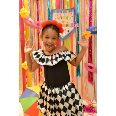 Imagem de Fantasia Colombina Infantil Carnaval, Vestido Preto e Branco Xadrez com Babado, Roupa para Crianças - Tam P 4 anos