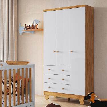 Imagem de Guarda Roupa Infantil 3 Portas 3 Gavetas em MDF Pingo - Amendoa/Branco